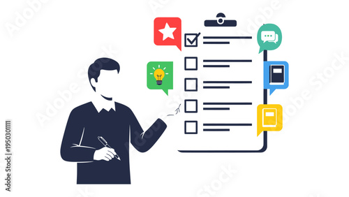 Taskmaster's Checklist: A focused individual outlines a plan on a comprehensive checklist. with icons representing tasks and idea.