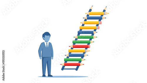 Climbing the Ladder of Knowledge: A silhouette figure contemplates a staircase crafted from vibrant pencils, representing the steps of learning and achievement.