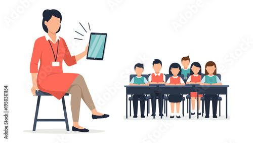 Interactive Lesson: A teacher holding a tablet in front of students, engaging with them in a dynamic learning environment. The scene depicts a modern approach to education.