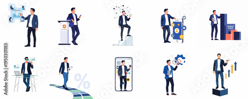 Set of flat vector illustrations depicting a businessman in various professional scenarios like data analysis, market strategy, technology integration, and business growth.