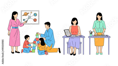 Playful Learning Environment: A collection of diverse individuals, including a teacher and children, actively engaged in a stimulating educational setting.