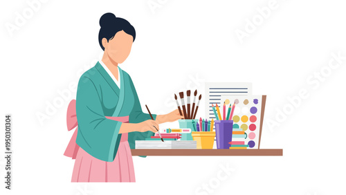 Artist at Work: An artist, dressed in traditional attire, meticulously paints at their desk with a palette of colors, brushes, and tools. Reflecting dedication and creativity in action.