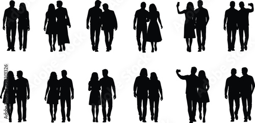 Vector silhouette collection of diverse couples walking, holding hands, taking selfies, and talking, isolated on white background for urban lifestyle and relationship themes.