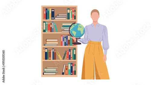 Knowledge in Hand: A woman holding a globe stands beside a bookshelf brimming with knowledge, representing learning and exploration. A testament to the power of wisdom and exploration.