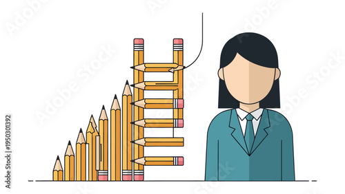 Climbing to Success with Pencils: A businesswoman symbolizes ambition, using pencils as a ladder, reaching new heights in her professional journey.