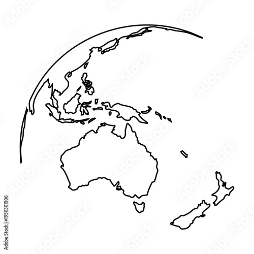 Black and White Line‑Art Earth Map Featuring Australia, New Zealand and Pacific Region – Vector Outline for Travel, Education, Digital Contents and Global Design Projects.