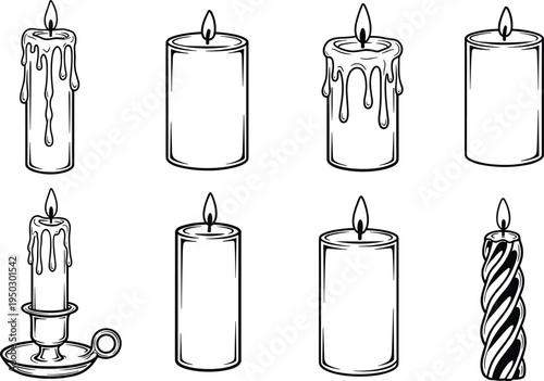 Collection of eight stylized candle illustrations with wax drips, holders, spiral designs, decorative variations, glowing flame artwork