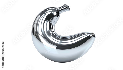 A shiny silver banana, curved, isolated on a black background, with high reflectivity