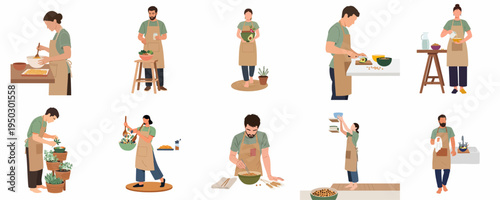 Set of flat vector illustrations of men and women in aprons preparing healthy meals, cooking, and gardening in a modern kitchen setting.