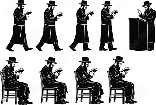 Orthodox Jewish rabbi reading Torah silhouettes, Hasidic man praying, religious study poses, Jewish culture tradition, black silhouette illustration set