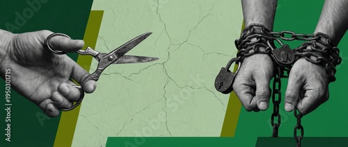 Conceptual collage of hands with scissors and chains representing the struggle for freedom and liberation.