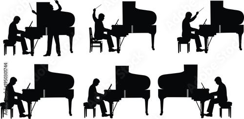 Pianist silhouette collection, grand piano performance, classical musician playing piano, conductor directing music, piano recital practice, orchestra rehearsal illustration set