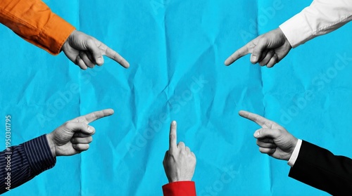 Conceptual collage of multiple hands pointing fingers toward the center representing blame and workplace accusation.
