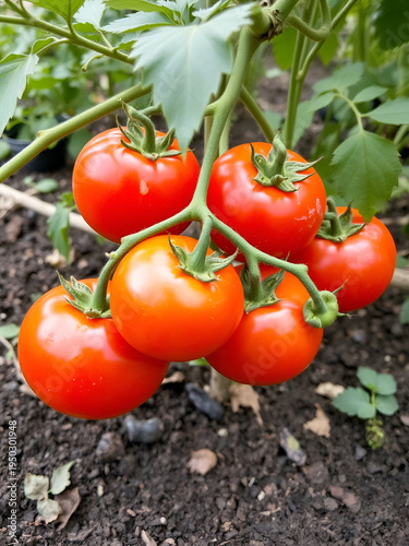 A photo of several ripe tomatoes growing on a stemmed plant in soil, surrounded by foliage and earth