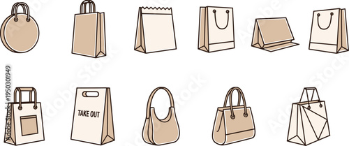 Collection of illustrated shopping bags, gift bags, handbags, tote bags, takeout packaging, retail icons, beige blue design