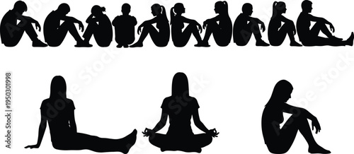 Sad sitting woman silhouettes, depression anxiety poses, lonely female body language, mental health awareness, emotional stress illustration set