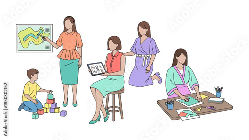 Nurturing Minds and Creativity: A collection of images portraying a day of learning and growth, from building blocks to the touch of guidance.