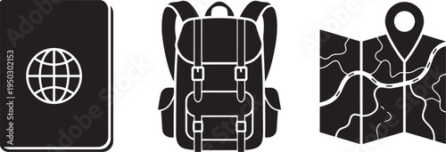 Vector line art icons of a briefcase, backpack, and messenger bag