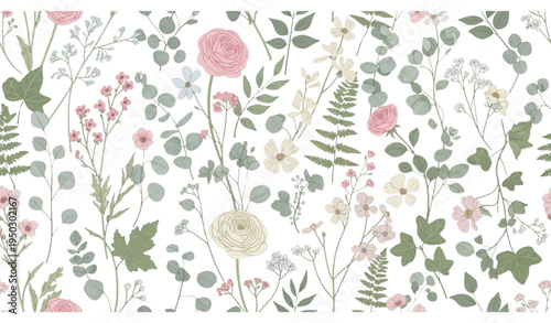 A beautiful floral pattern with pink and white flowers and green leaves on a white background
