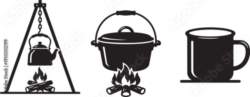 Campfire cooking illustration: kettle on tripod, pot on stove, and mug