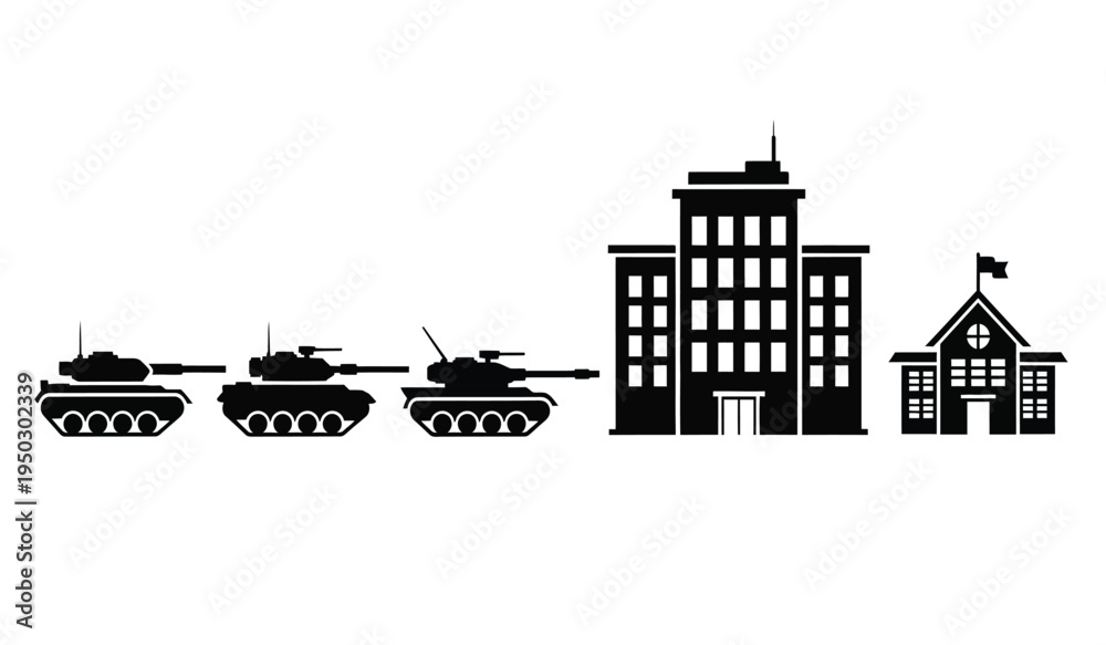 Naklejka premium Black silhouette icons of three military tanks approaching a tall office building and a school