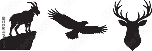 Collection of Silhouette Wildlife Animals and Bird of Prey, Mountain Goat and Deer