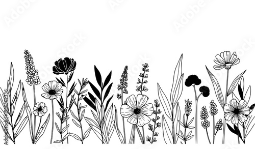A minimalist black and white floral illustration with various flowers and leaves
