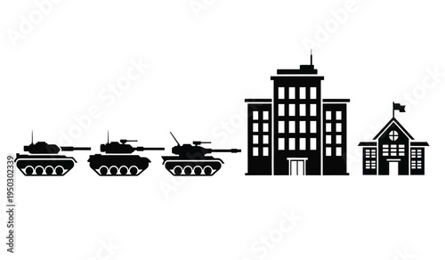 Black silhouette icons of three military tanks approaching a tall office building and a school