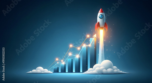 A conceptual illustration of business growth and success represented by a rocket launching upward