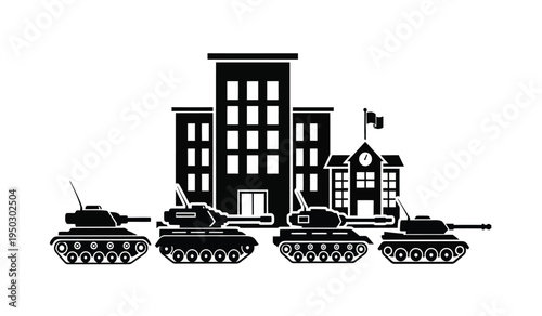 A black and white silhouette graphic featuring a line of military tanks positioned before buildings
