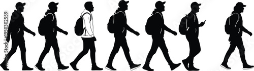 Walking man silhouettes with backpack, casual urban people walking poses, student traveler lifestyle, modern city movement, black silhouette illustration set