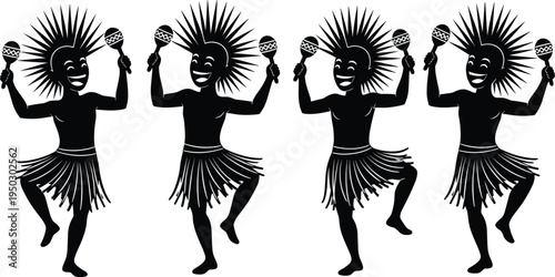 Tribal dancer silhouettes with maracas performing traditional ethnic dance, cultural celebration characters, festive indigenous music rhythm vector illustration