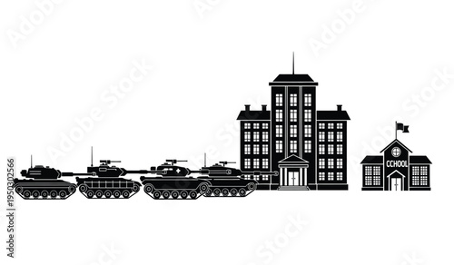 Black silhouette illustration of a line of military tanks approaching a large school building