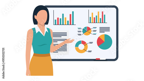 Strategic Presentation: A professional woman confidently presents insightful data visualizations and analytical graphics on a presentation board.