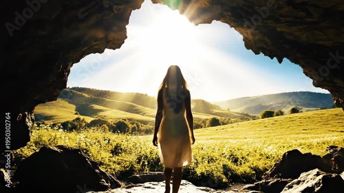 woman standing at cave entrance looking at bright sunlit green valley. concept of hope, freedom, discovery, new beginnings. nature exploration, travel destination.