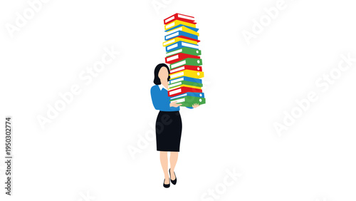 Businesswoman's Overload: A determined businesswoman navigates the pressures of her role, balancing a towering stack of vibrant documents.