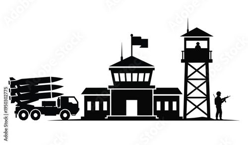 Black silhouette of a military base featuring a missile truck, command building and guard tower