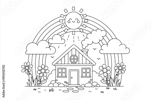 A house with a rainbow and sun shining through the clouds on a rainy day