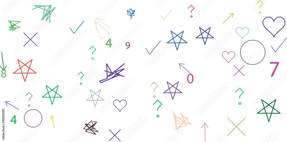 Fototapeta premium Multicolored doodle symbols including stars hearts arrows and numbers