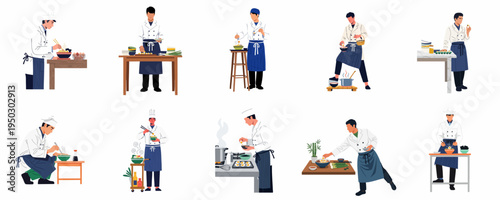 Collection of ten professional male chefs in white uniforms and blue aprons preparing various Asian dishes including ramen and eggs on a white background.