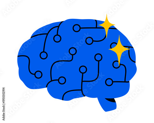 Hand drawn cute illustration of human brain with traces on it. Flat vector neural network and sparkling stars doodle. Artificial intelligence circuit board sticker. Logic or creativity icon. Isolated.