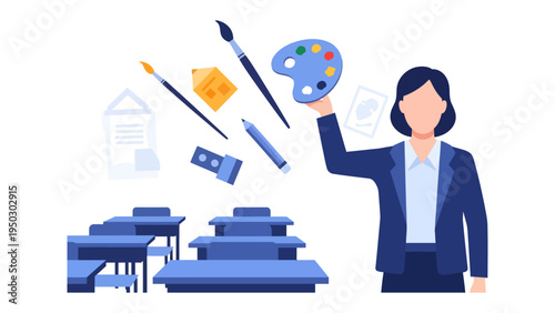 Creative Visionary: An educator inspires innovation, surrounded by the tools of artistry and a classroom setting.