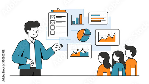 Data-Driven Insights: A presenter, surrounded by data visualization, engages an attentive audience, illustrating the art of business analysis and the power of data-driven decisions.