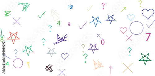 Multicolored doodle symbols including stars hearts arrows and numbers