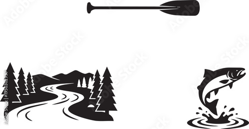 Outdoors Adventure Vector Elements with a Mountain River Landscape, Jumping Fish, and a Wooden Paddl