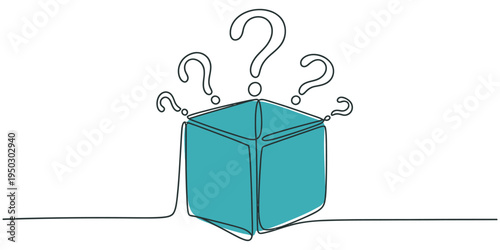 continuous one line drawing Vector illustration of a teal cube with question marks