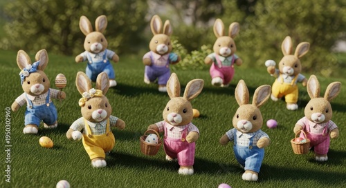 A group of cute anthropomorphic toy rabbits playing in a green meadow during an easter egg hunt