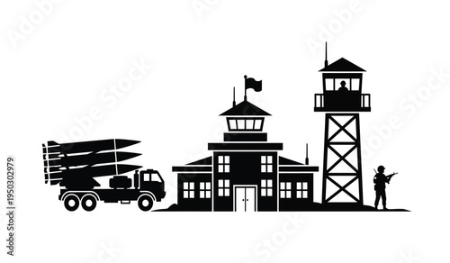 A military base with a rocket launcher truck, a guard tower and a soldier standing on watch duty