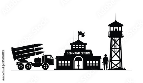 Black silhouette illustration of a military command centre with a missile truck and watchtower