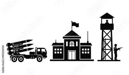 Black silhouette icons showing a mobile missile launcher system a building and a guard watchtower
